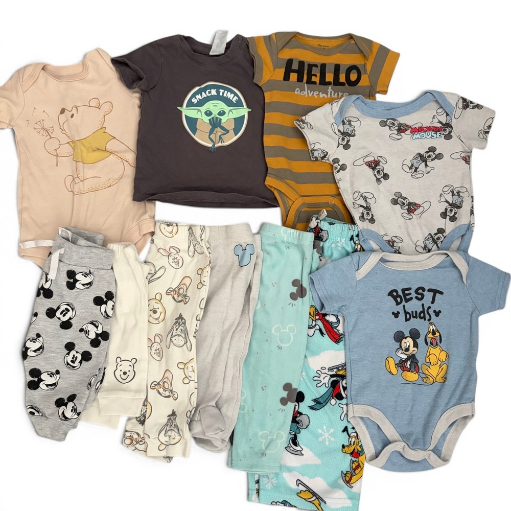 Disney Grogu Mickey Mouse Pooh Mixed 0-6 Months Baby Clothing Lot 11pc Bundle
